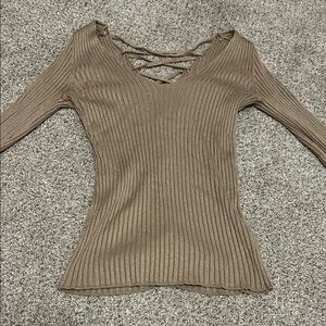 Ribbed V-Neck Sweater with Crisscross Detail